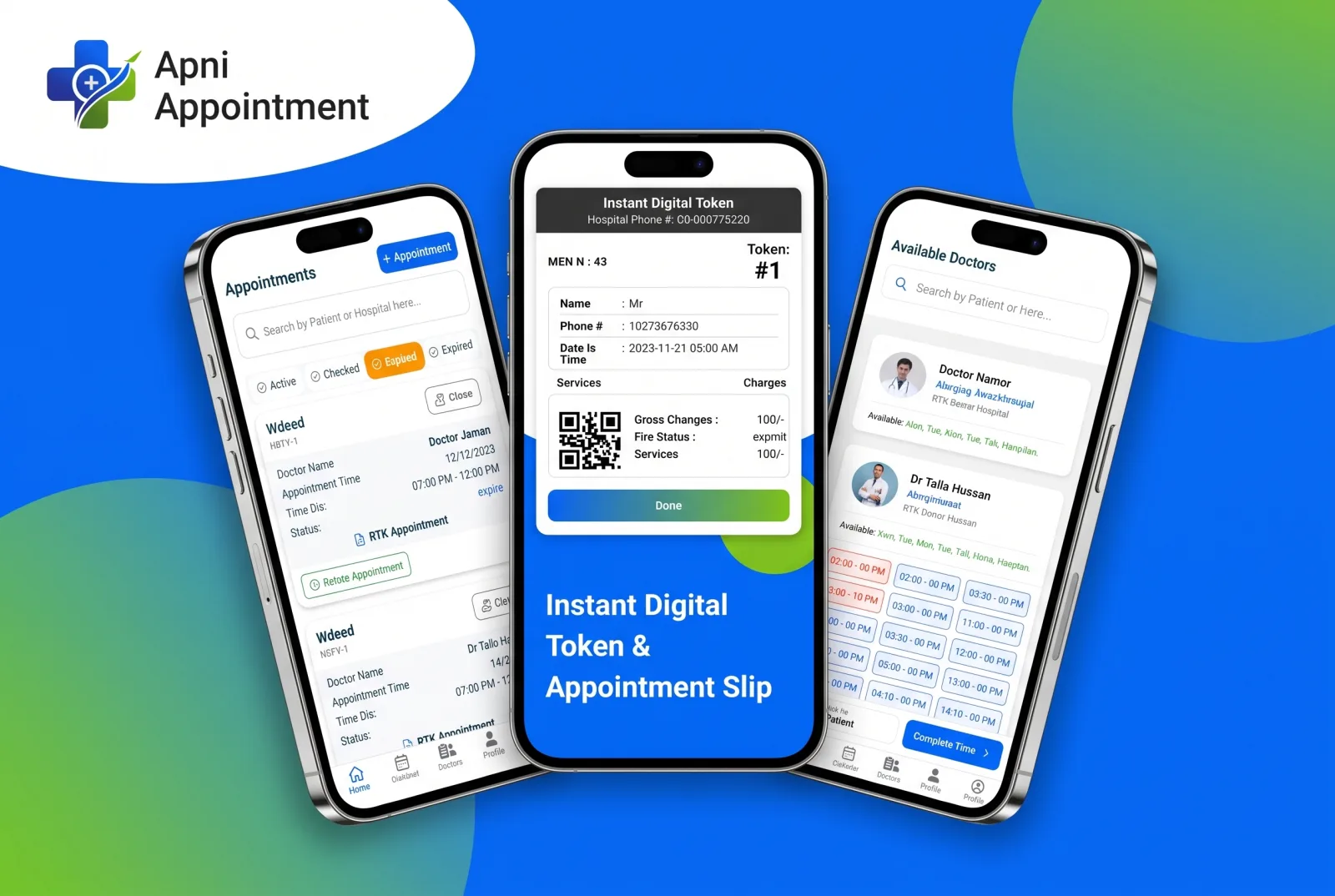 Apni Appointment mobile healthcare booking application shown on three phones