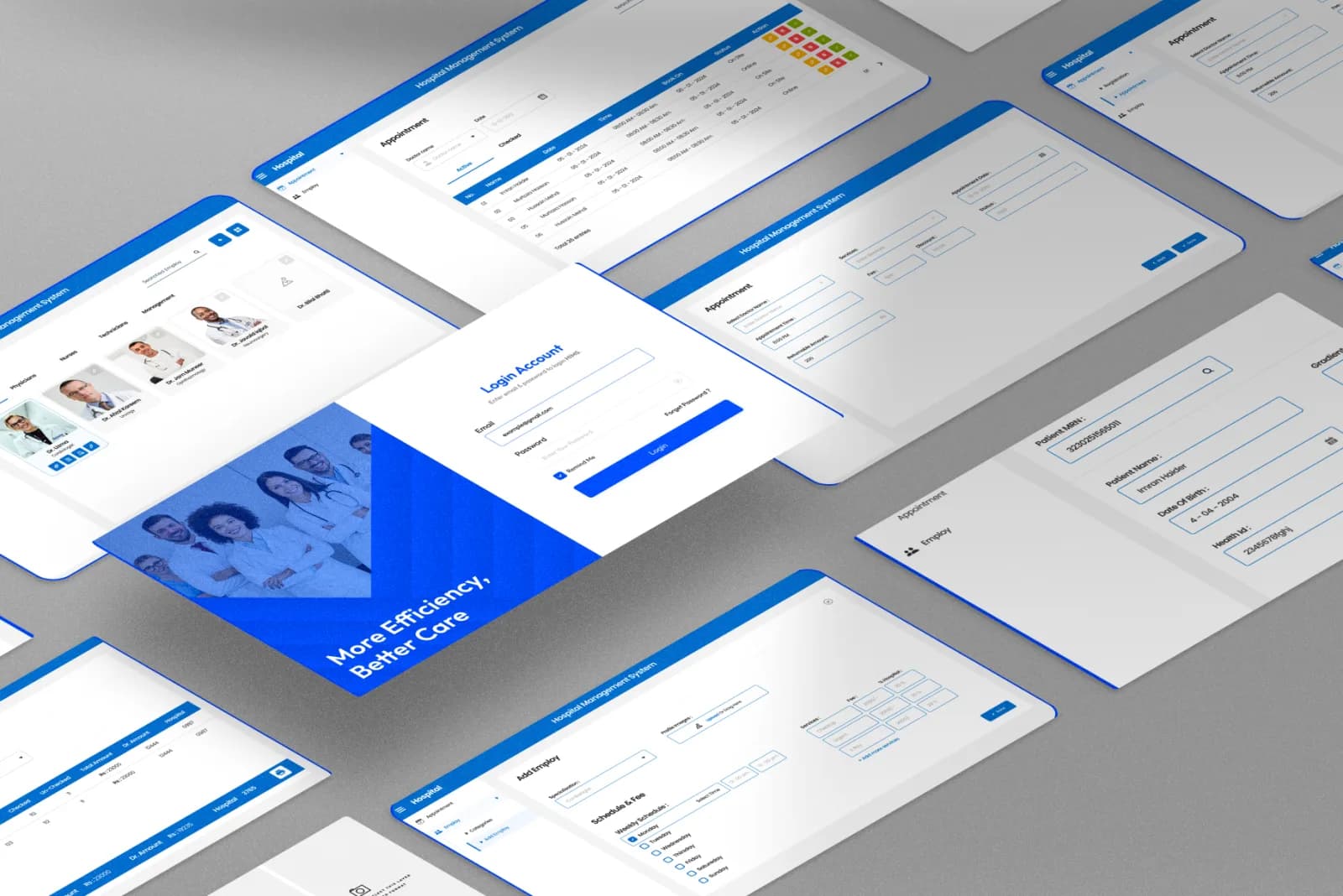 Hospital information management system dashboards arranged in an interface composition