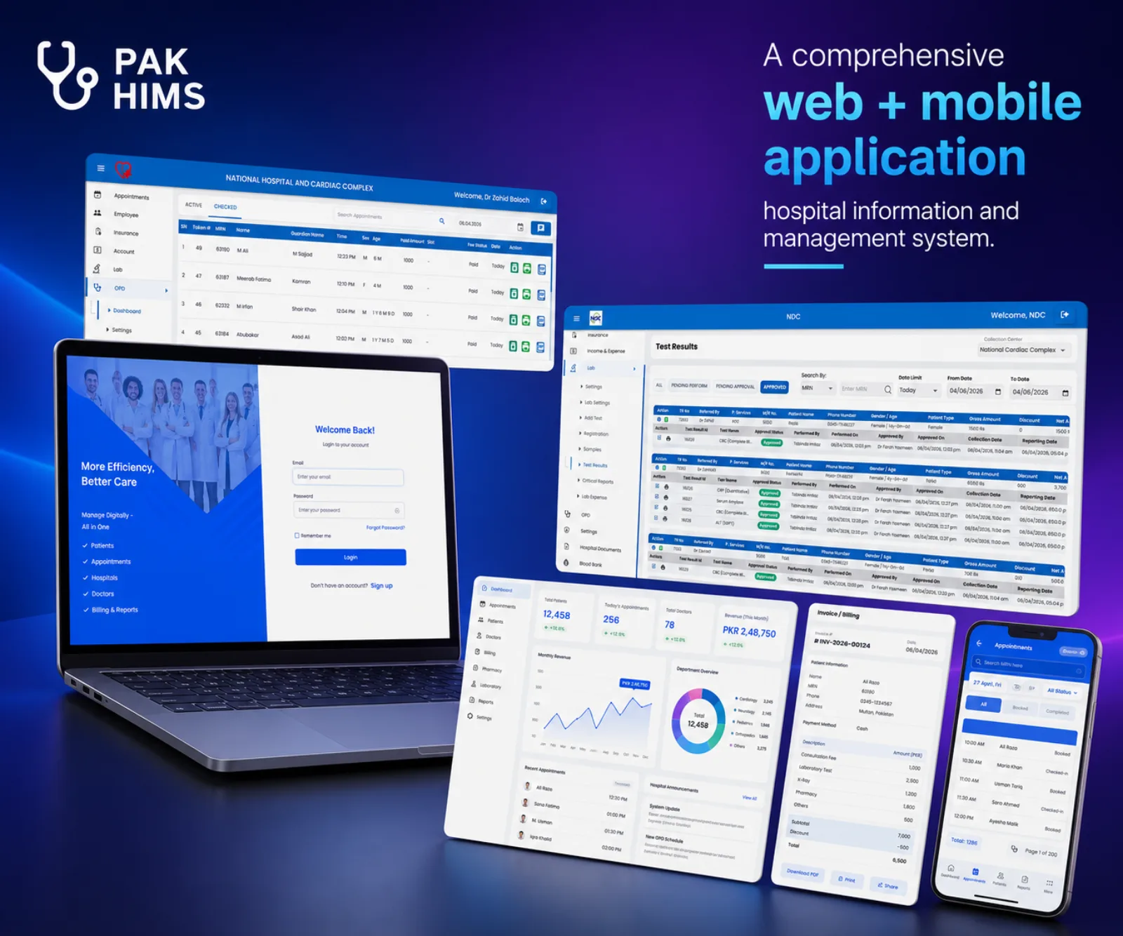 PakHIMS hospital information management platform across desktop and mobile screens